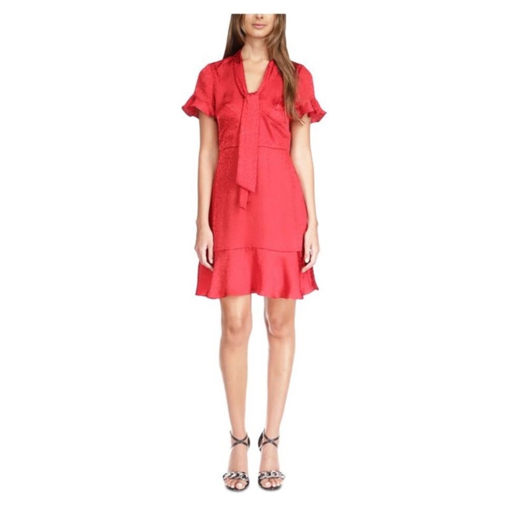 MICHAEL MICHAEL KORS RED CHEETAH PLISSE TONAL-PRINT TIE DRESS size S